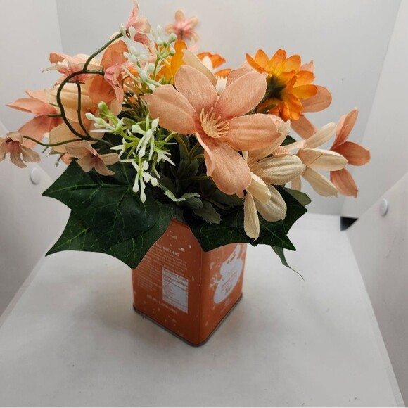 Hand Crafted Floral Table Centerpiece Spring Peach Dairy Tea Tin - Picture 4 of 8